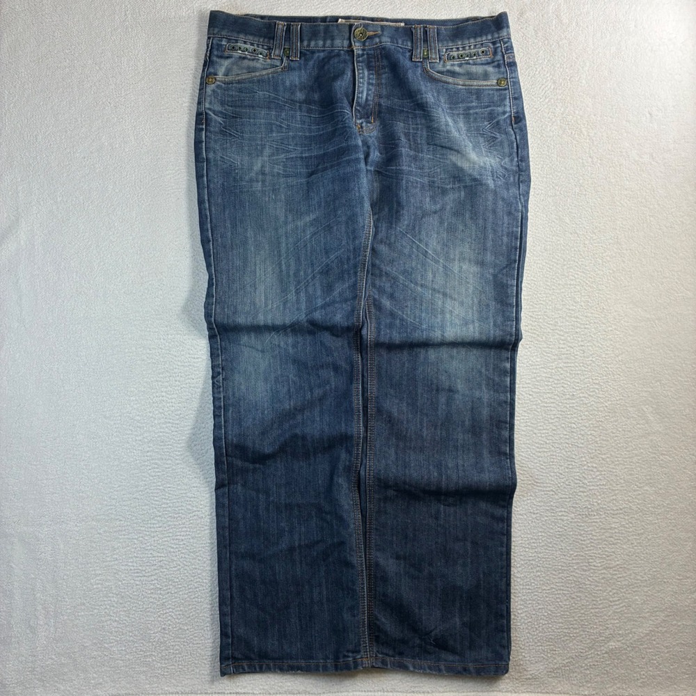 Y2K Blue Gear Baggy Jeans Men 38x34 Blue Loose Fade Whisker Embellished Grommet